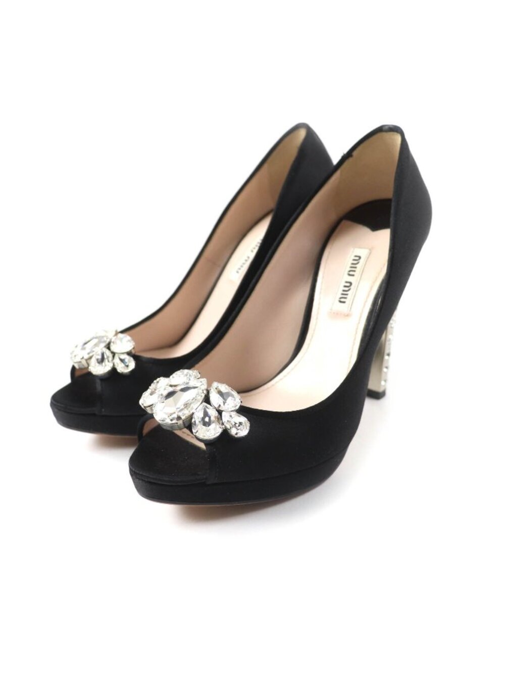 Miu Miu Open Toe Satin Pumps with Crystal Bijou Black Heels